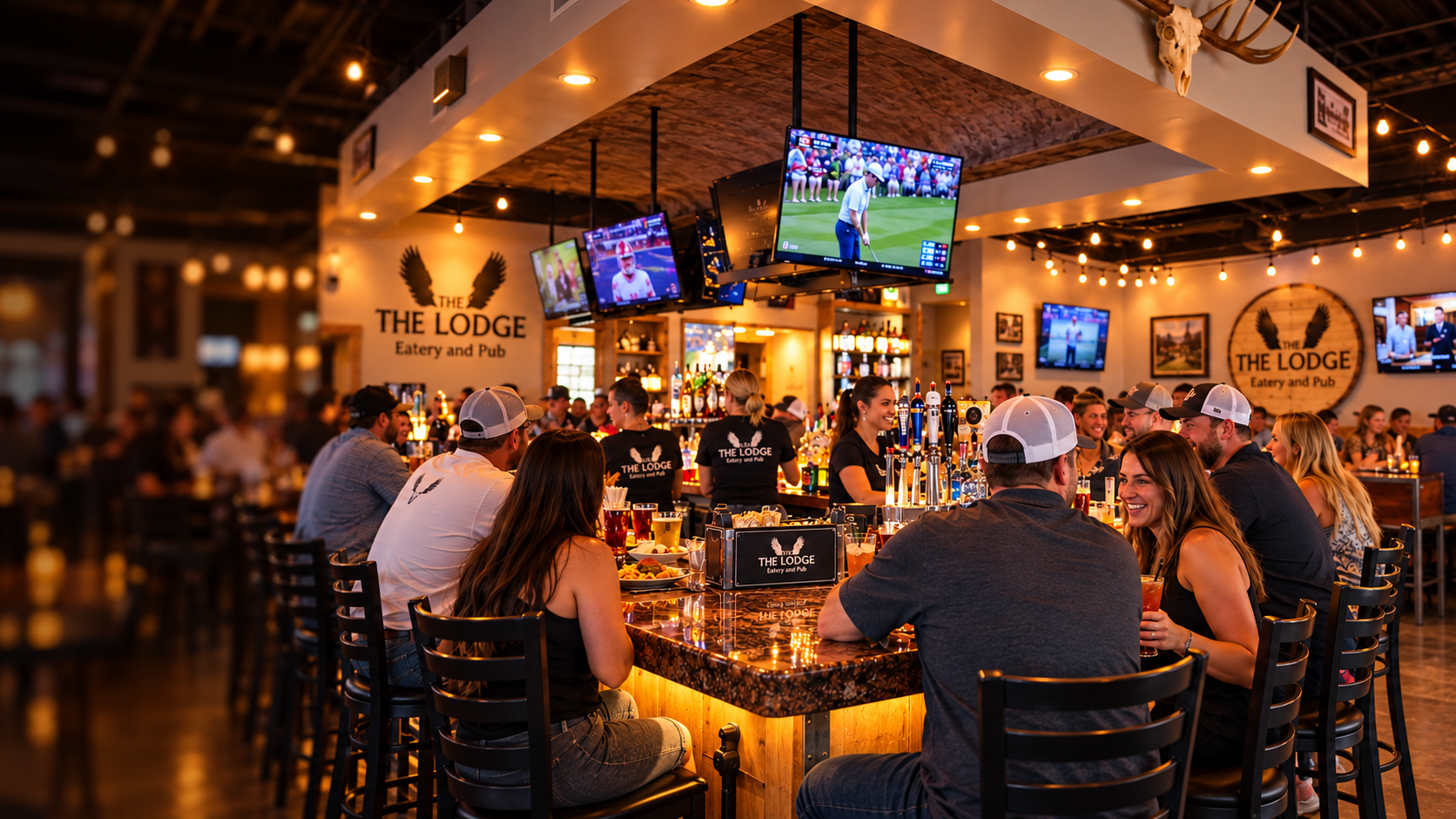 Guests gathering inside The Lodge Eatery & Pub in Catoosa, Oklahoma