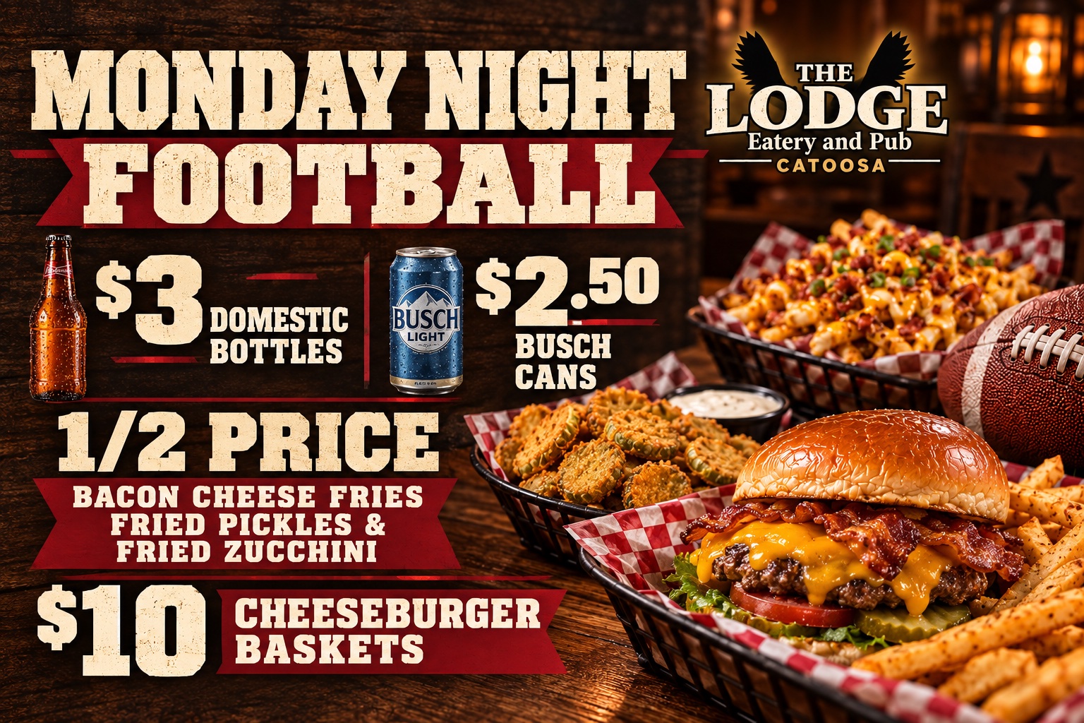 Catoosa Monday Night Football: $3 domestic bottles, $2.50 Busch cans, half-price bacon cheese fries, fried pickles and fried zucchini, $10 cheeseburger baskets.