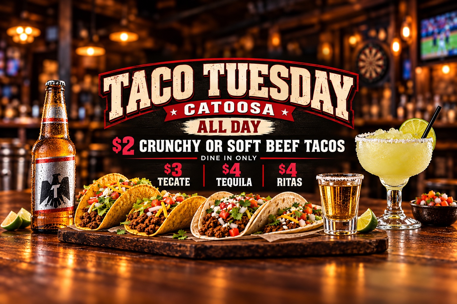 Catoosa Taco Tuesday, all day: $2 crunchy or soft beef tacos, dine in only; $3 Tecate; $4 tequila; $4 Ritas.