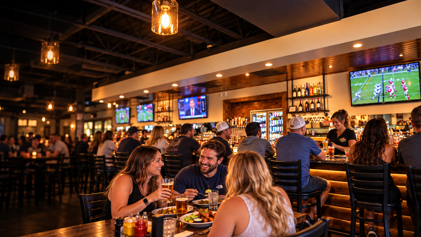 Guests gathering inside The Lodge Eatery & Pub in Jenks, Oklahoma
