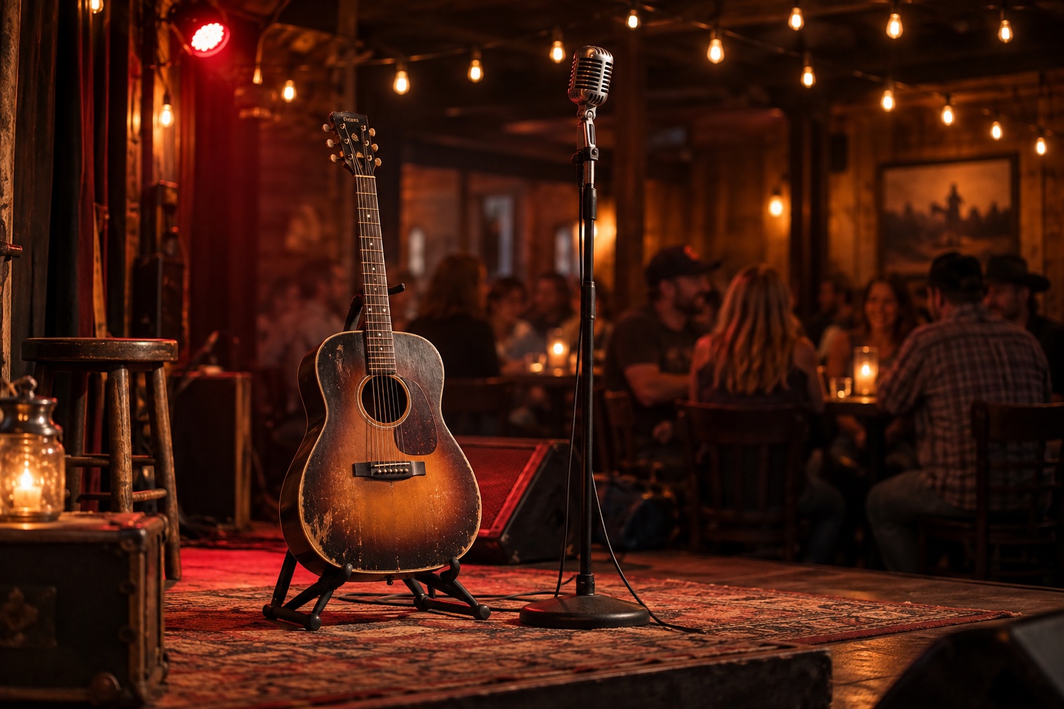 Acoustic guitar and microphone on a warmly lit pub stage