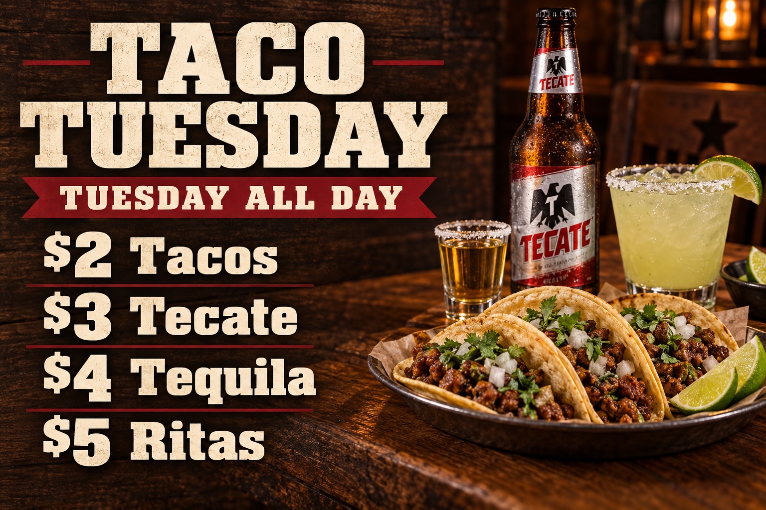 Jenks Taco Tuesday, Tuesday all day: $2 Tacos, $3 Tecate, $4 Tequila, $5 Ritas
